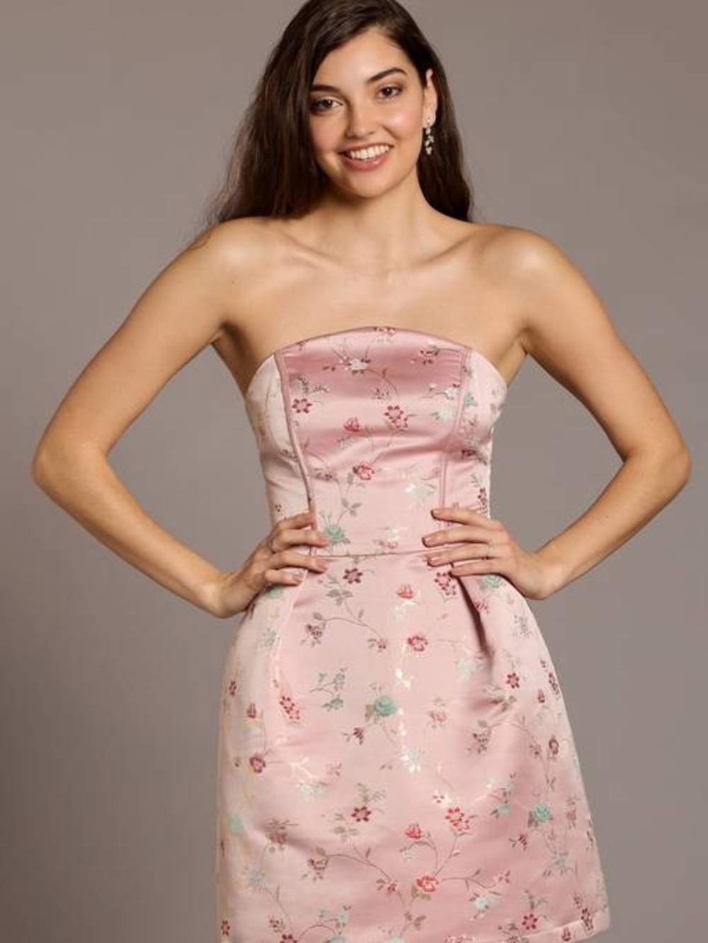 Strapless Pink Floral Satin Dress